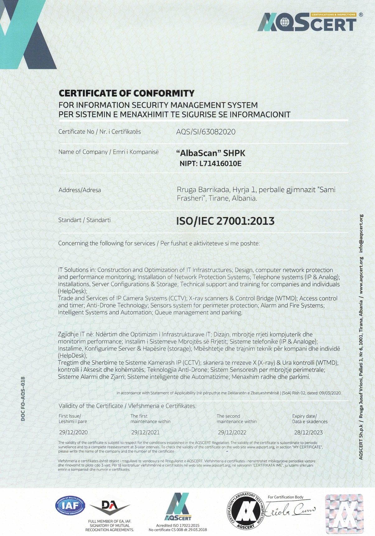 ISO/IEC 27001:2013 AlbaScan Certification