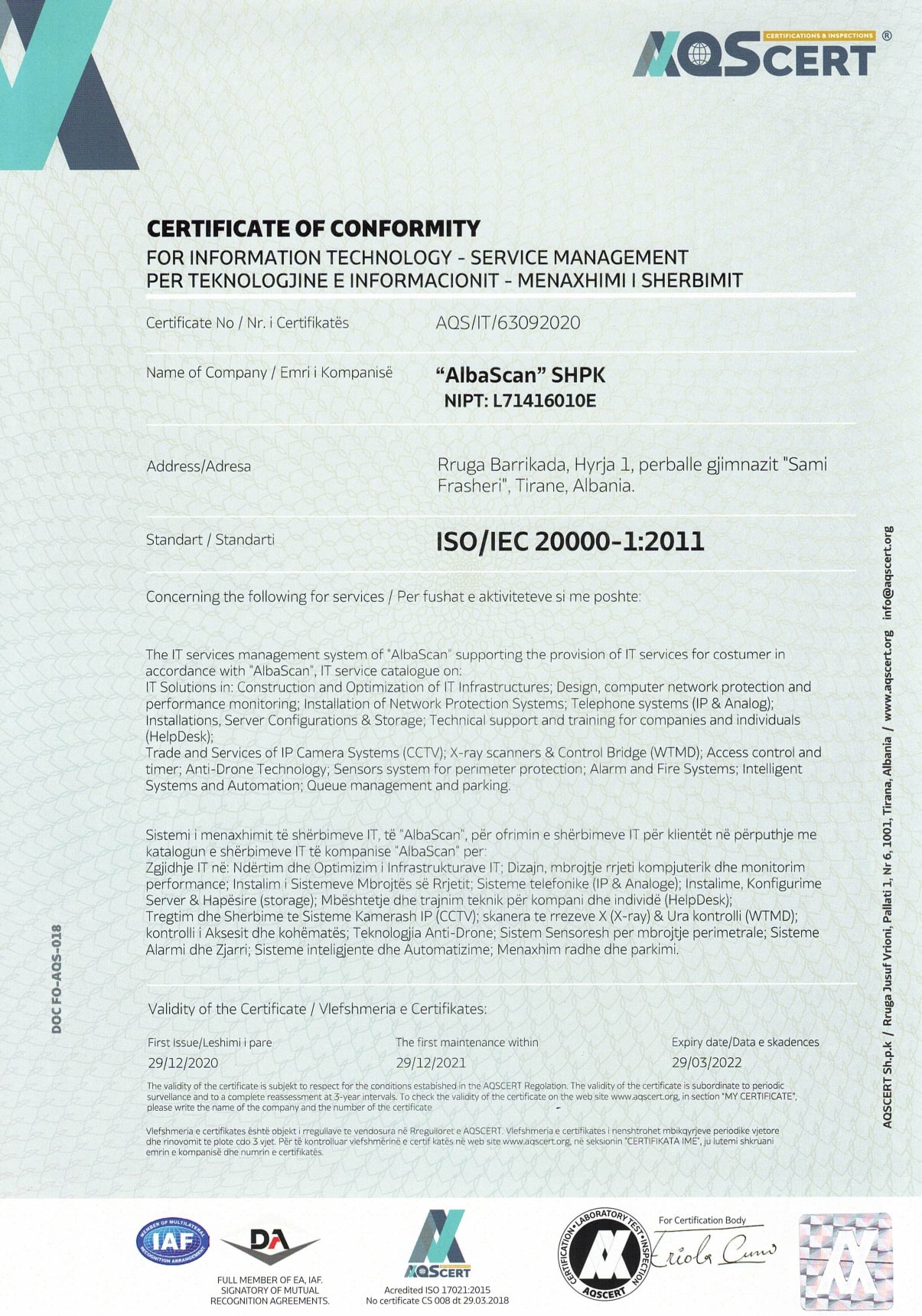 ISO/IEC 20000-1:2011 AlbaScan Certification